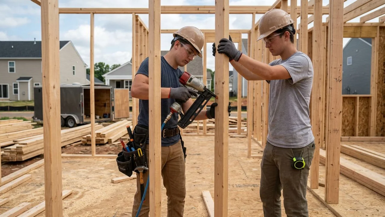 Carpentry trainees framing a wall on a Charlotte residential build