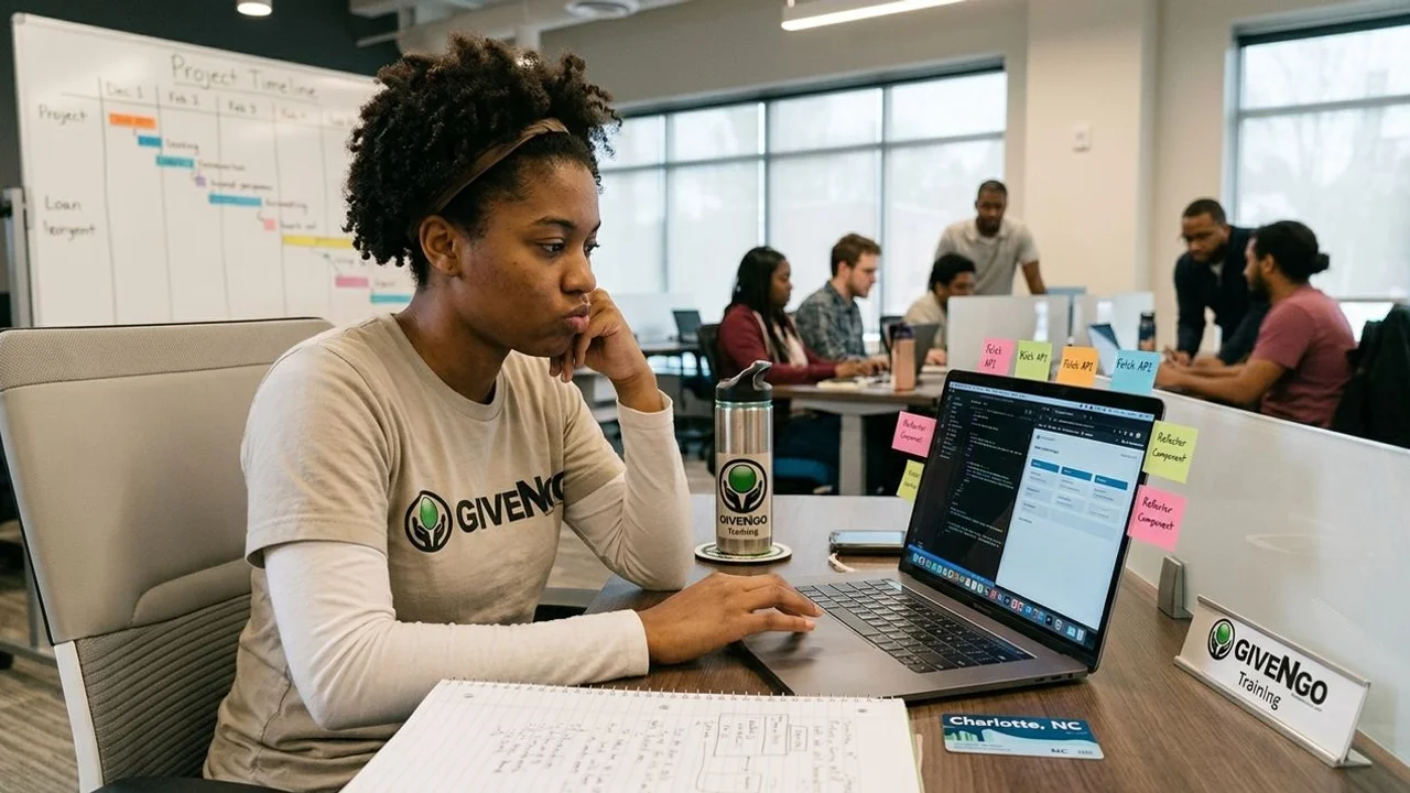 Coding trainee building a web project on a Charlotte laptop
