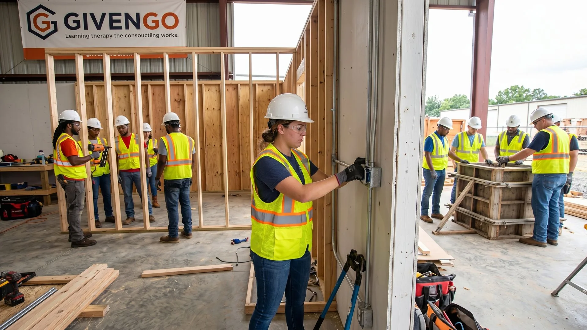 Charlotte construction training site with PACT trainees framing walls and running conduit