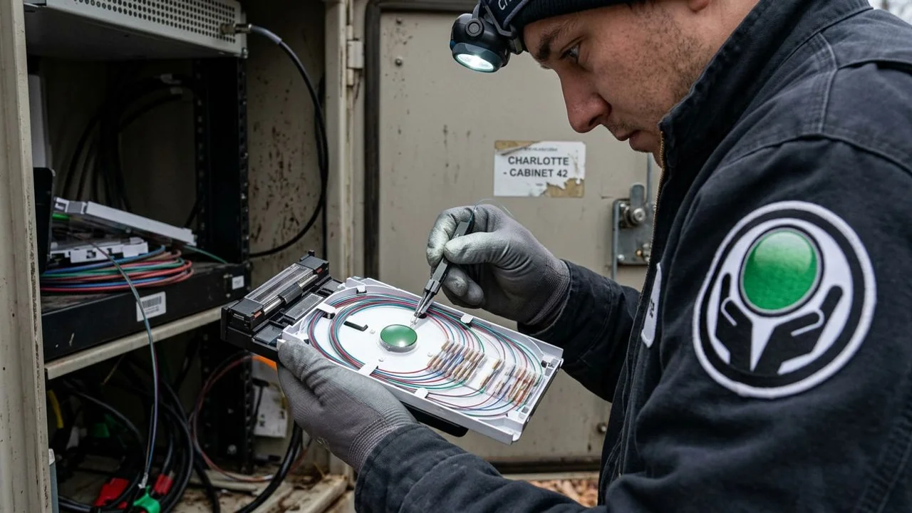Charlotte fiber optic technician splicing inside a manhole or cabinet