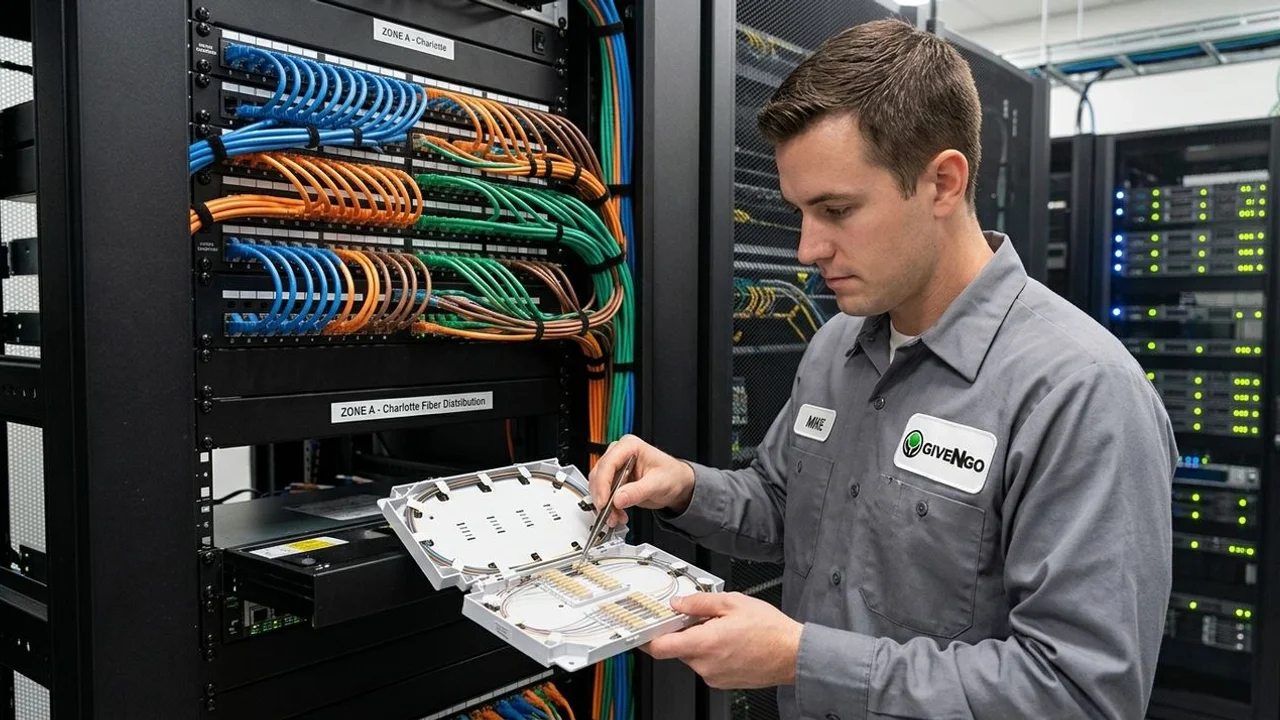 Fiber technician at a Charlotte data center rack