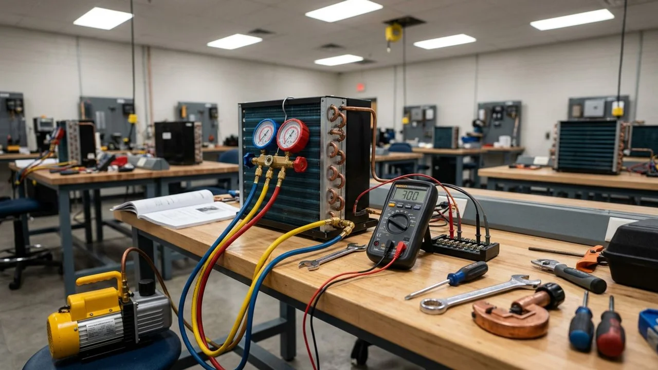 Charlotte HVAC lab workbench with gauges, multimeter, and a training condenser