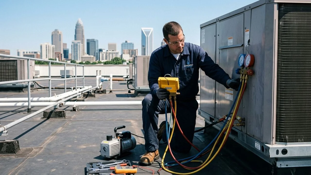 Charlotte HVAC technician servicing a rooftop commercial package unit