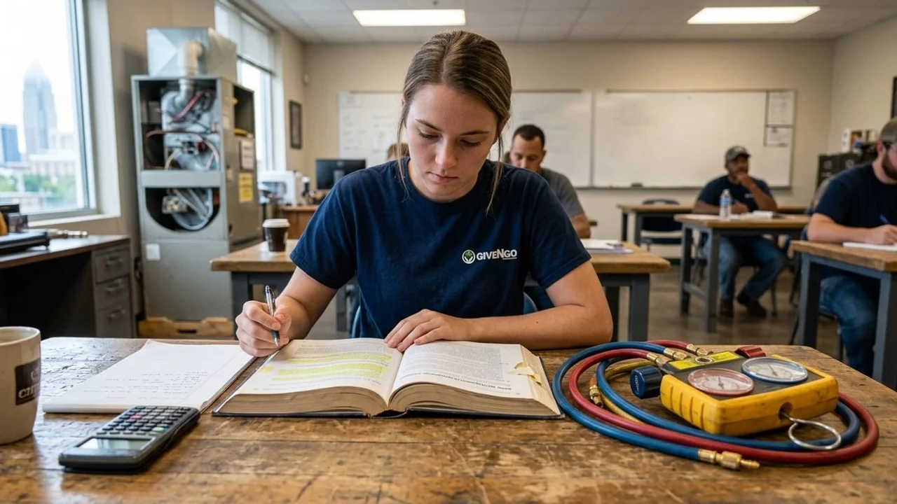 HVAC trainee studying EPA 608 materials with manifold gauges on the desk