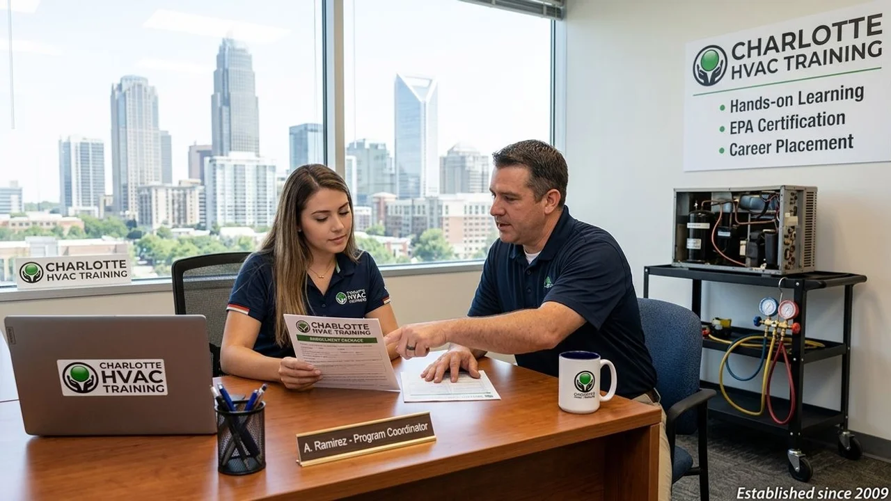 Prospective trainee reviewing HVAC training enrollment materials at Give N Go intake