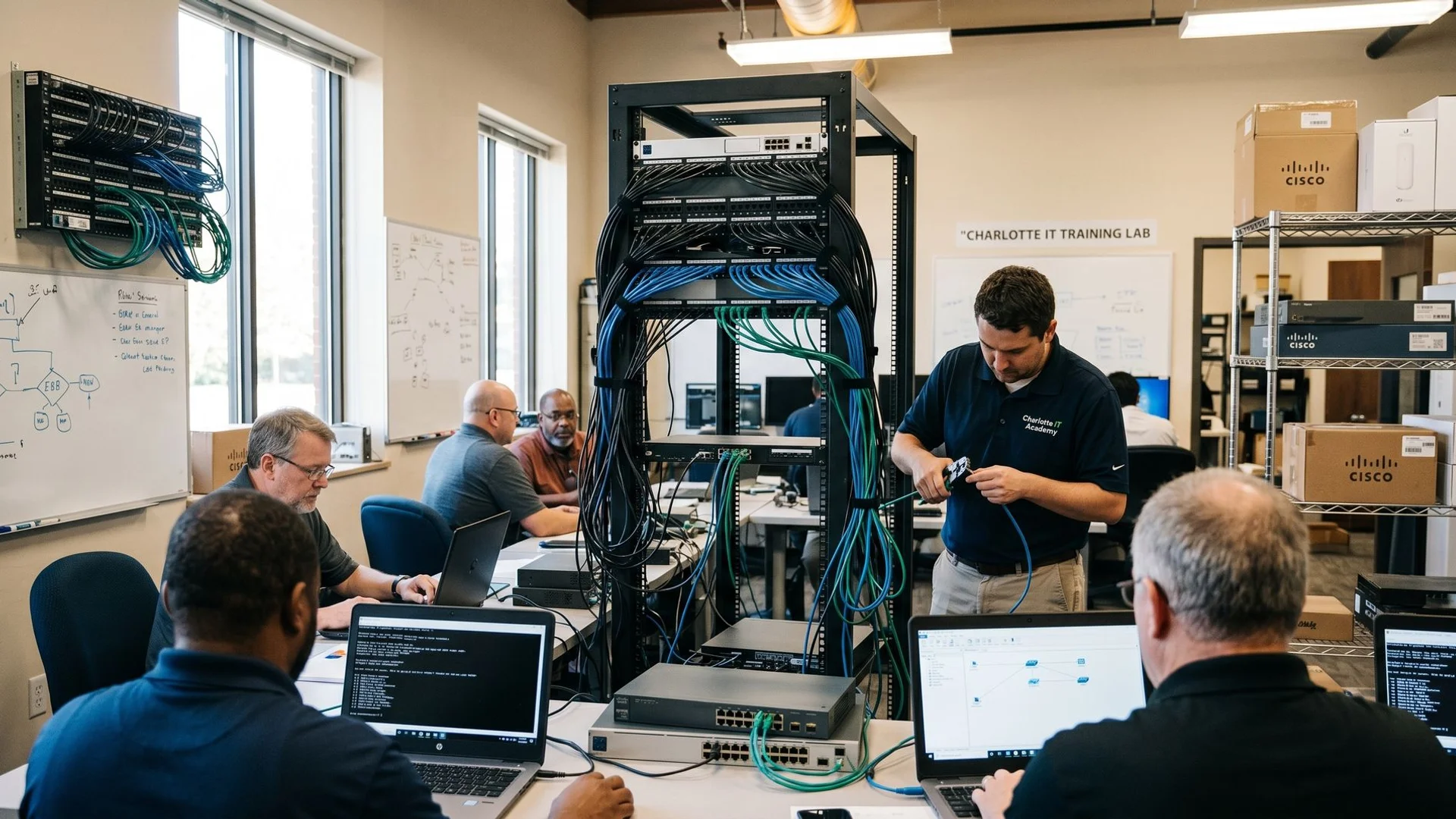 Charlotte IT lab with server racks and technicians terminating fiber optic cable
