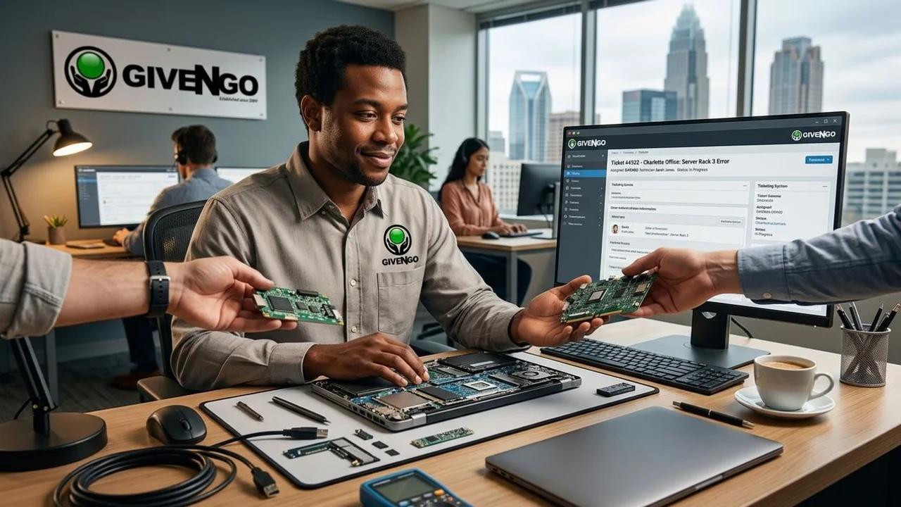 Charlotte IT support technician at desk with ticket system open