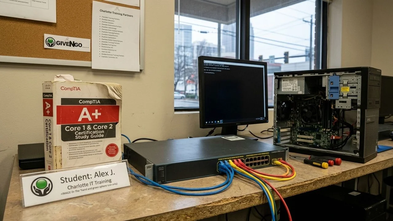 CompTIA A+ study guide and Cisco lab equipment on a Charlotte training desk