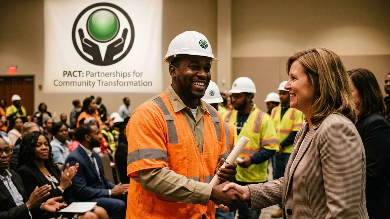 Returning citizen in PACT trainee gear shaking hands with a Charlotte employer at graduation