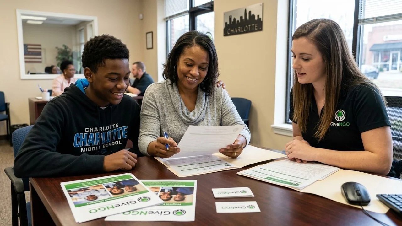 A Charlotte teen and parent reviewing PACT application paperwork at the Give N Go intake desk