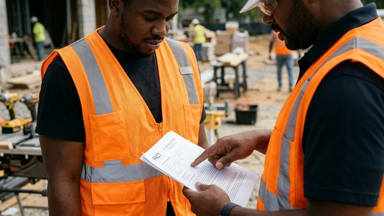 A Charlotte PACT trainee reviewing credential paperwork on a real construction site with a mentor