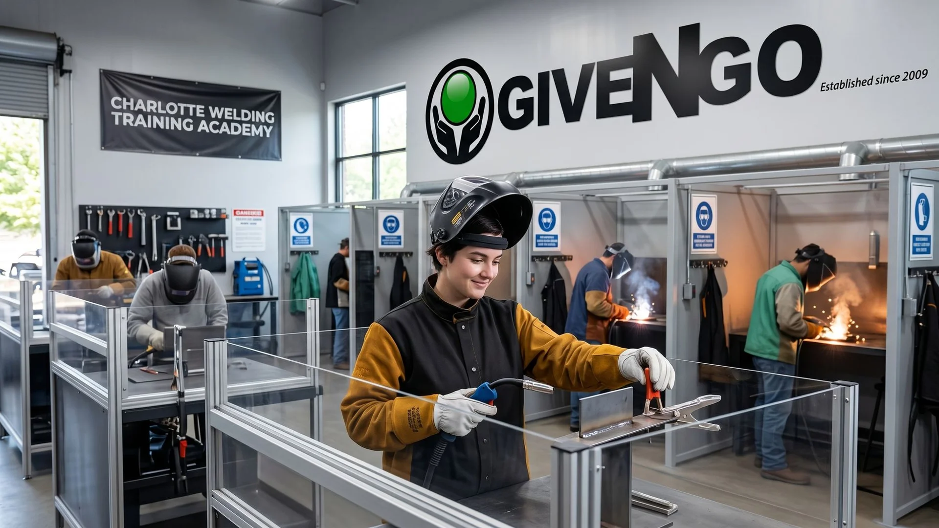 Charlotte trade training welder with sparks flying on a real job site