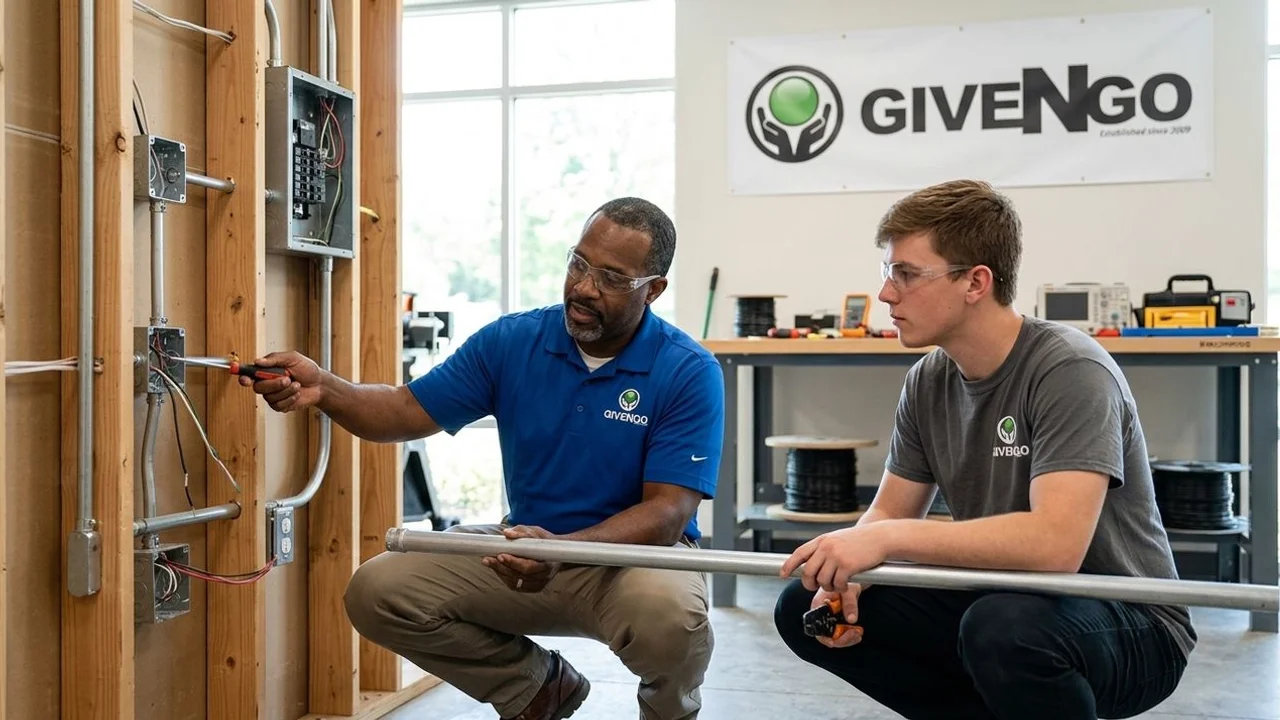 A Charlotte contractor demonstrating electrical rough-in to a Give N Go trainee in a workshop
