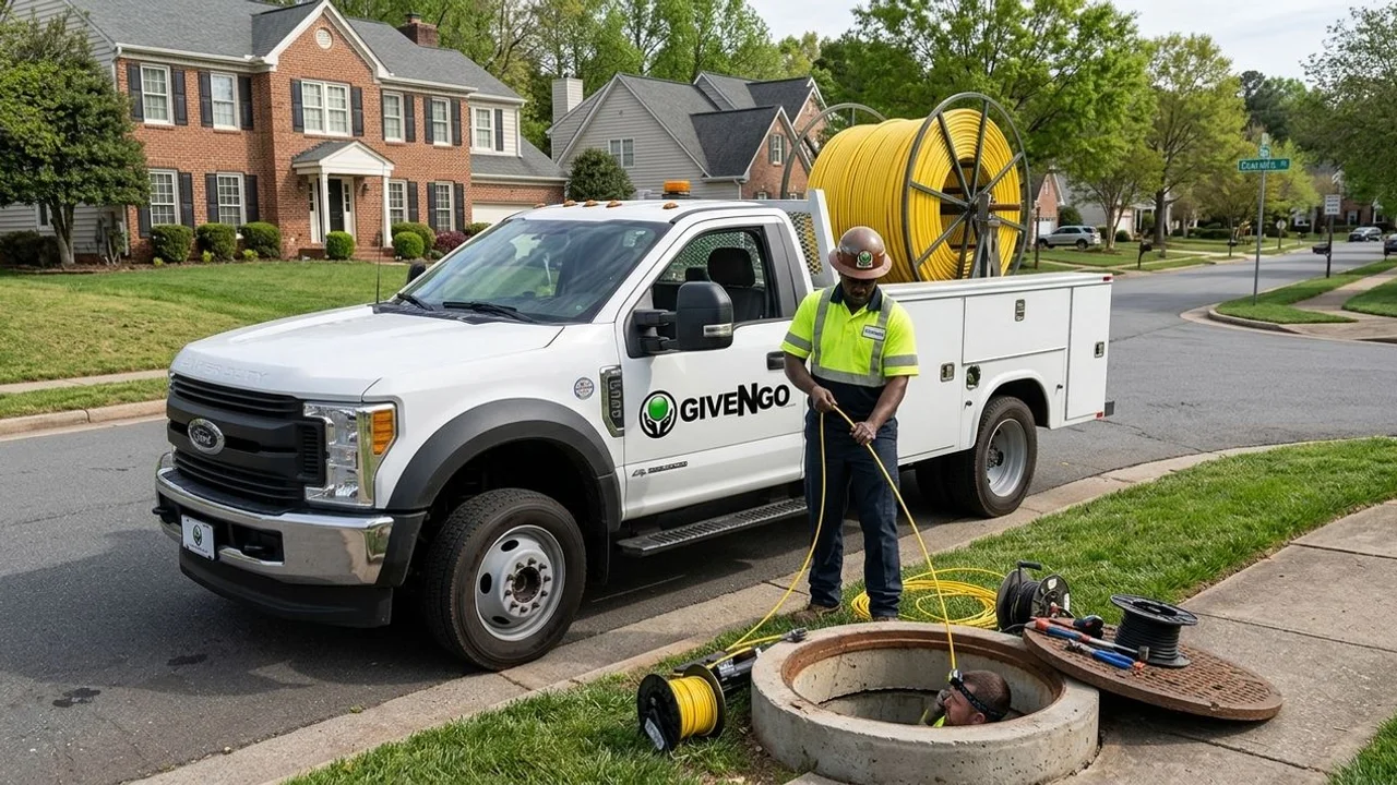 Fiber optic contractor pulling cable on a Charlotte suburban street