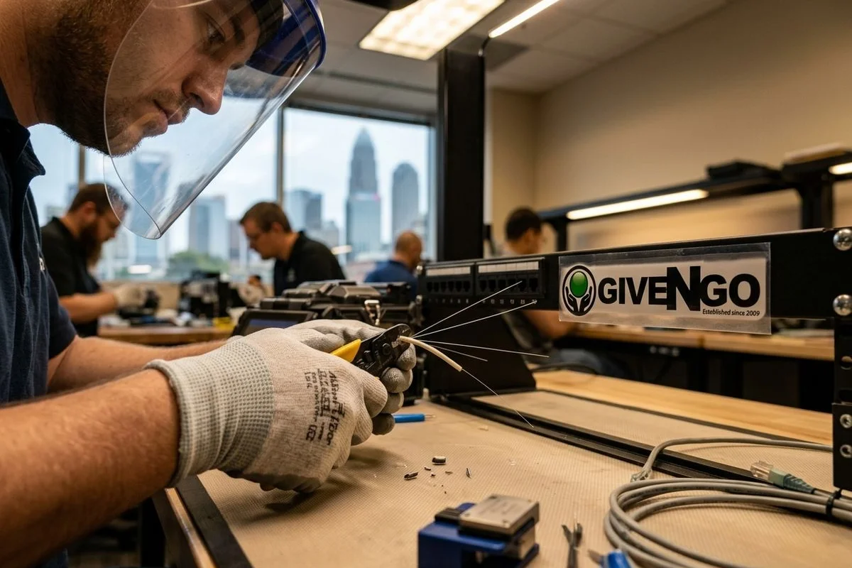 Give N Go technology trainee terminating fiber optic cable inside a Charlotte training lab