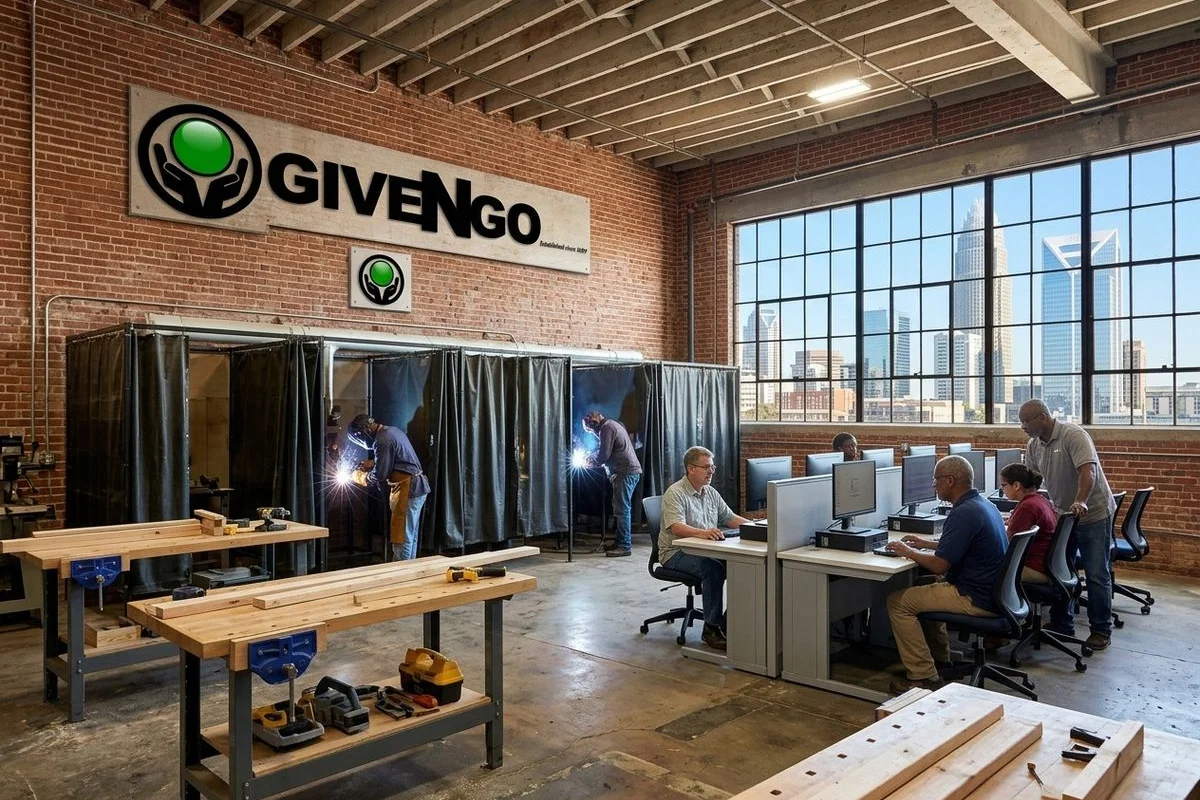 Give N Go workshop interior with lumber racks, welding booths, and IT lab stations