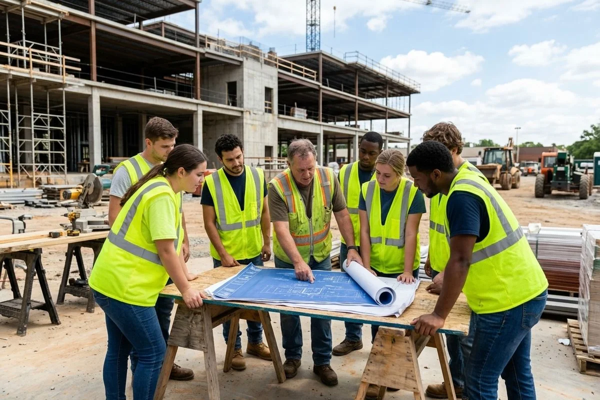 Group of Give N Go trades trainees on a Charlotte construction site with mentor demonstrating blueprint reading