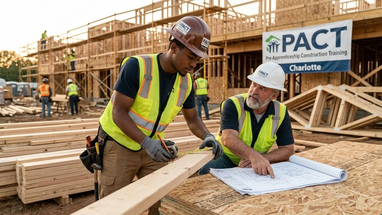 PACT trainee measuring lumber on a Charlotte job site with mentor checking blueprint