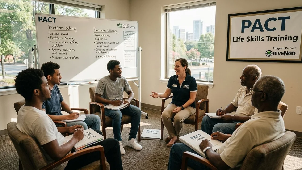 Life Skills Training session with PACT trainees and instructor in a community room
