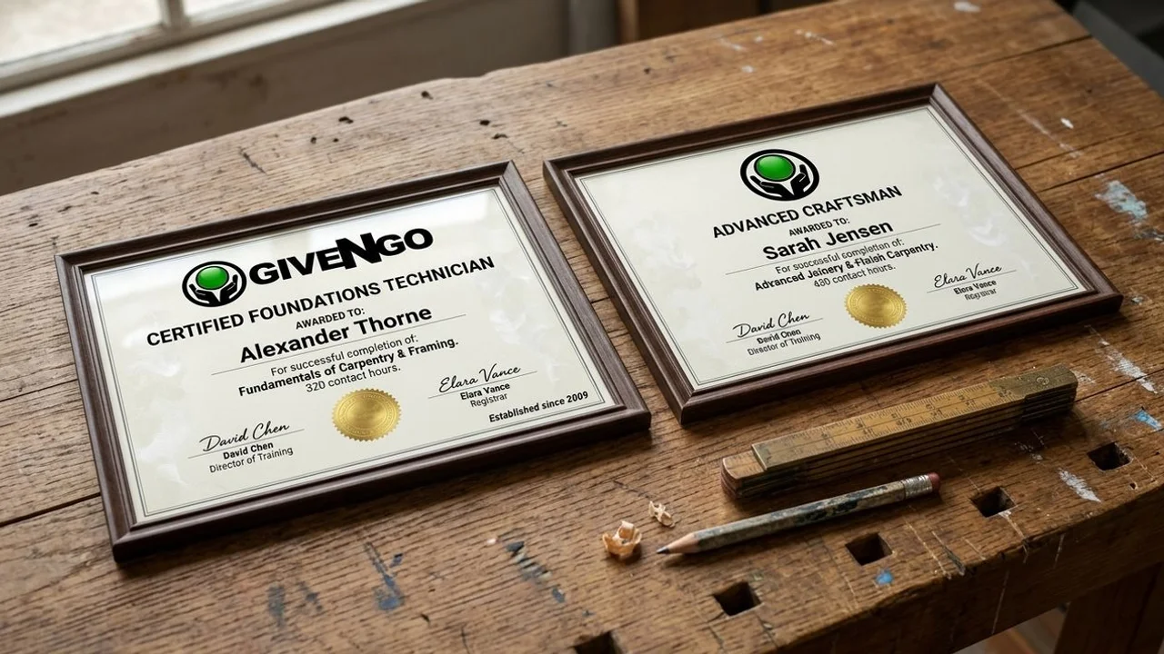 Two trade-training credential certificates side by side on a workbench