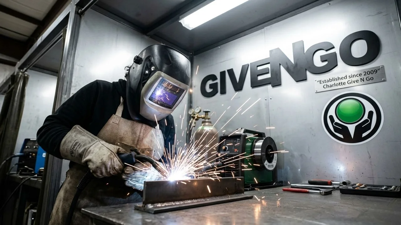 Welding trainee running a MIG bead in a Charlotte training booth with full PPE